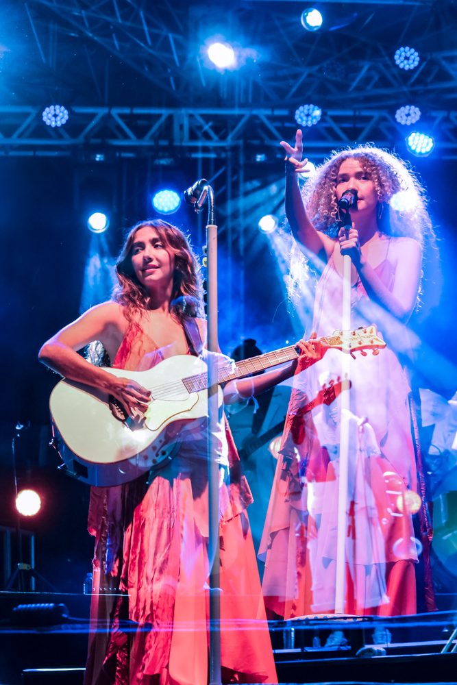 Cobertura de show ao vivo, palco com duas cantoras